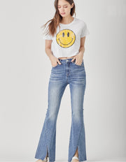 High Rise Twisted Hem Flare Jeans- No Rips or Distressing