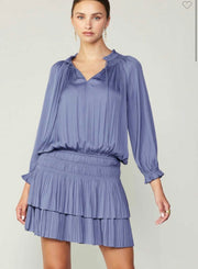 Dusty Blue 3/4 Sleeve Pleated Dress (Available in 3 Colors)