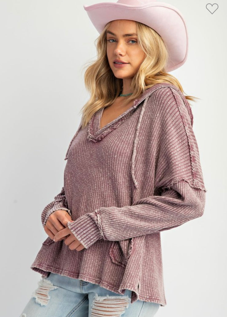 Plum Washed Rib Knit Hoodie Pullover