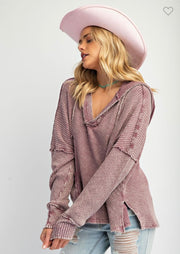 Plum Washed Rib Knit Hoodie Pullover