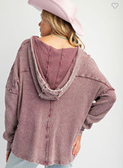 Plum Washed Rib Knit Hoodie Pullover