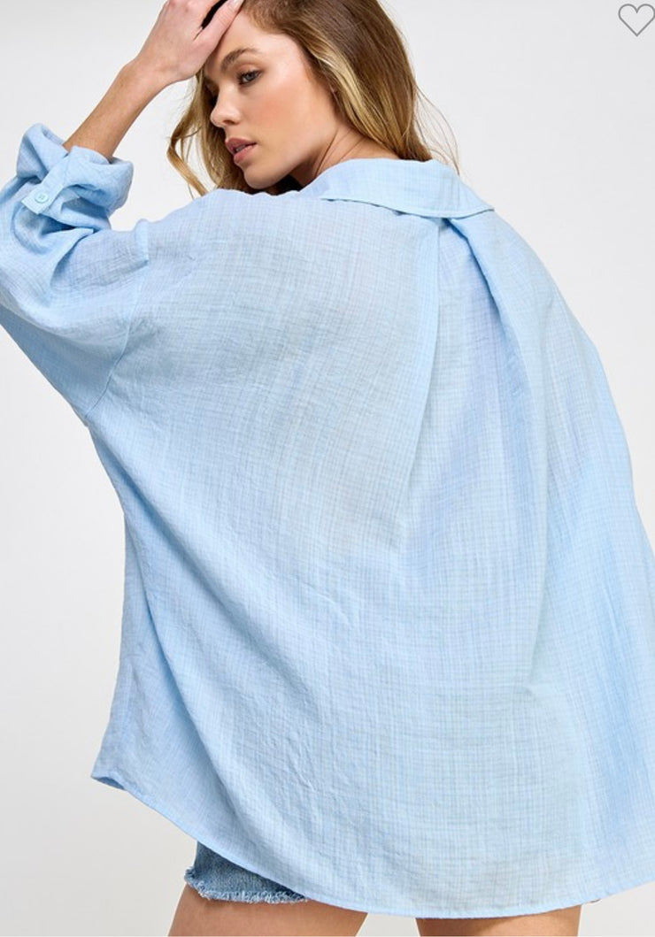 Oversized Light Weight Button Down Shirt- Available in Baby Blue or White