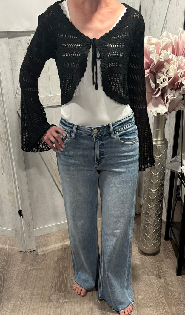 Black Bell Sleeve Tie Front Crop Cardi