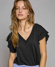 Black Washed V Neck Tee With Ruffled Short Sleeve- Also Available in White