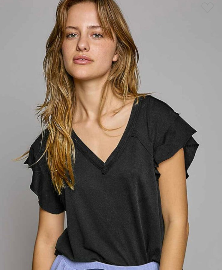 Black Washed V Neck Tee With Ruffled Short Sleeve- Also Available in White