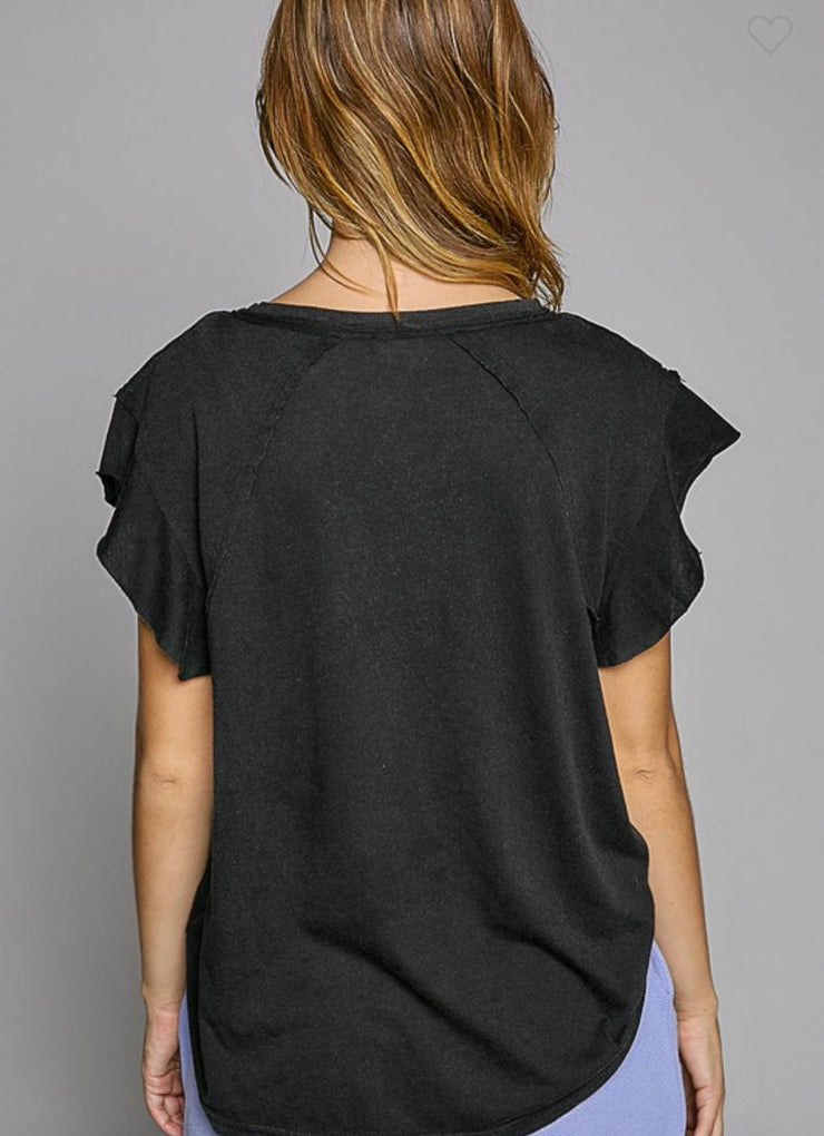 Black Washed V Neck Tee With Ruffled Short Sleeve- Also Available in White