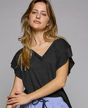 Black Washed V Neck Tee With Ruffled Short Sleeve- Also Available in White