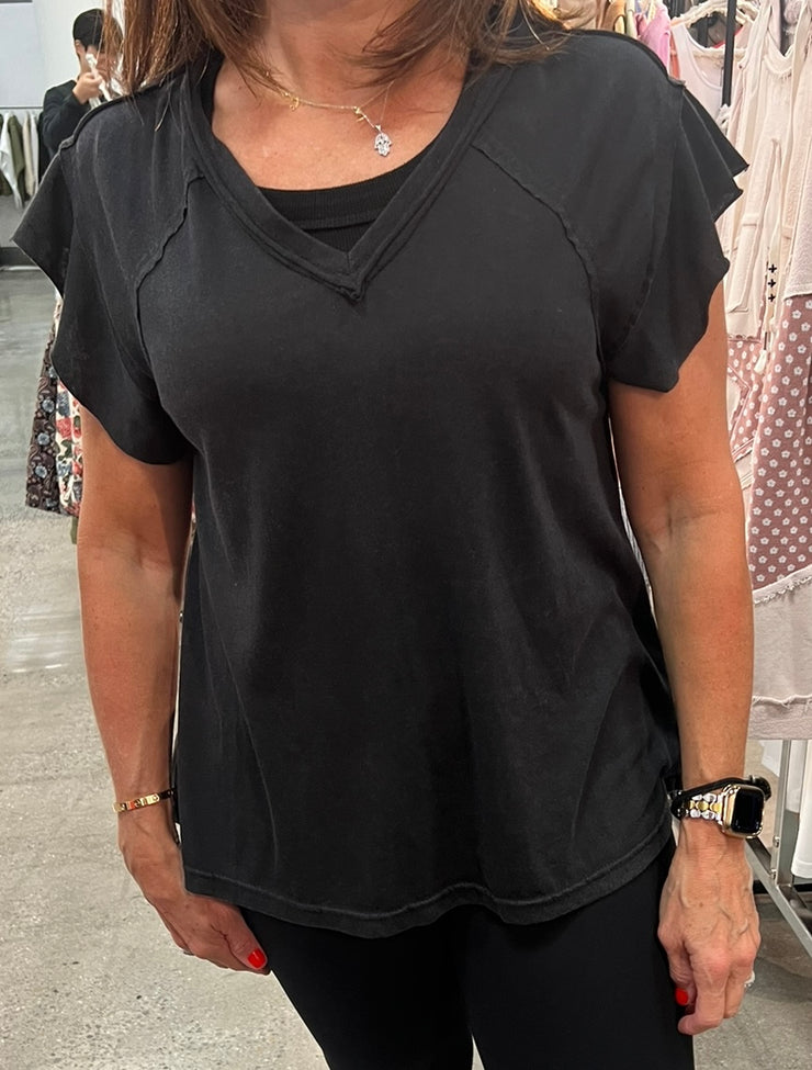 Black Washed V Neck Tee With Ruffled Short Sleeve- Also Available in White