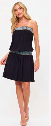 Black Tube Dress With Embroidered Trim & Smocked Waist