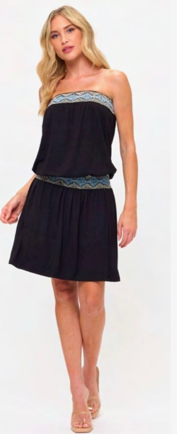 Black Tube Dress With Embroidered Trim & Smocked Waist