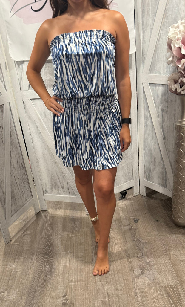 Strapless Blue/Black Print Tube Dress