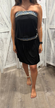 Black Tube Dress With Embroidered Trim & Smocked Waist