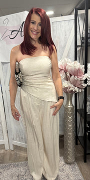 Ivory Beige Tube Linen Top and Linen Pant Set