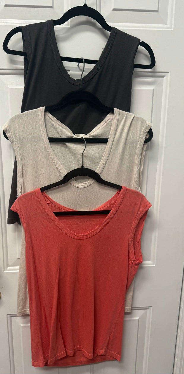 Lightweight, Cotton Cap Sleeve Scoop Neck Tee- Available in Charcoal, Stone or Poppy