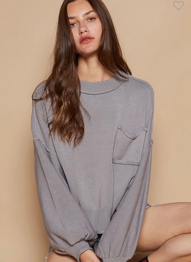 Whisper Grey Balloon Sleeve Round Neck Pullover