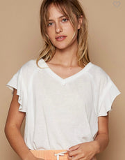 White V Neck Tee With Ruffled Short Sleeve- Also Available in Black