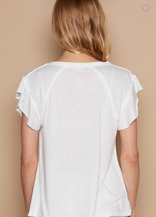 White V Neck Tee With Ruffled Short Sleeve- Also Available in Black