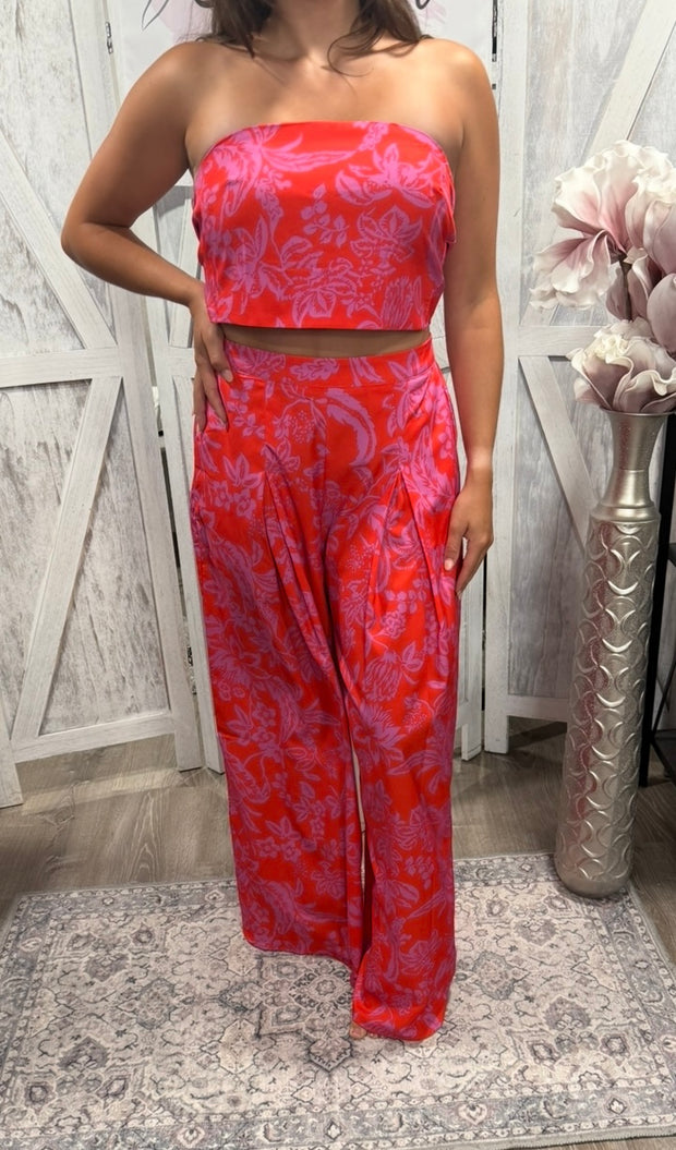 Red Multi Print Tube Tie Back Top With Matching Wide Leg Pant Set