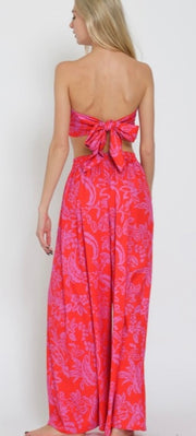 Red Multi Print Tube Tie Back Top With Matching Wide Leg Pant Set