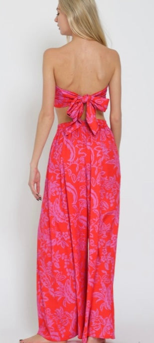 Red Multi Print Tube Tie Back Top With Matching Wide Leg Pant Set