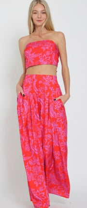 Red Multi Print Tube Tie Back Top With Matching Wide Leg Pant Set