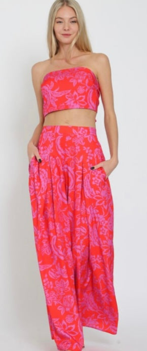 Red Multi Print Tube Tie Back Top With Matching Wide Leg Pant Set