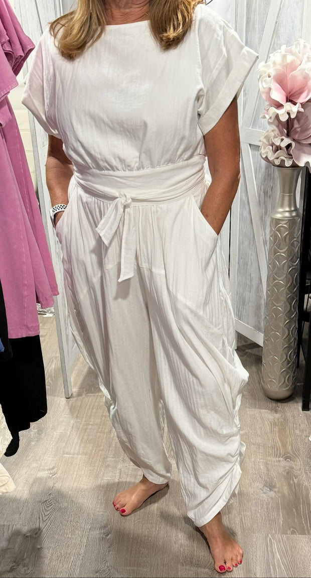 White Cropped Ribbon Tie-Back Top With Matching Harem Pants