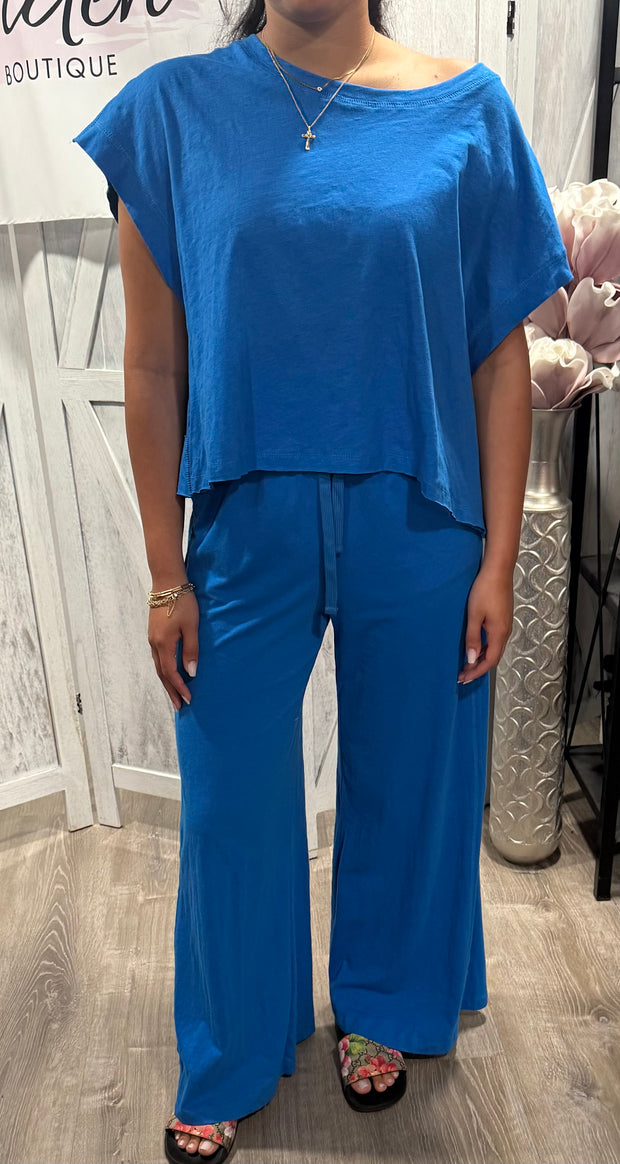 Ocean Blue Cotton Slub Open Back Top With Matching Lounge  SET