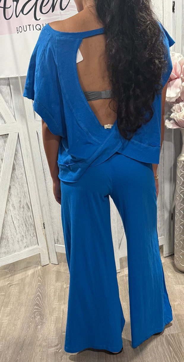 Ocean Blue Cotton Slub Open Back Top With Matching Lounge  SET