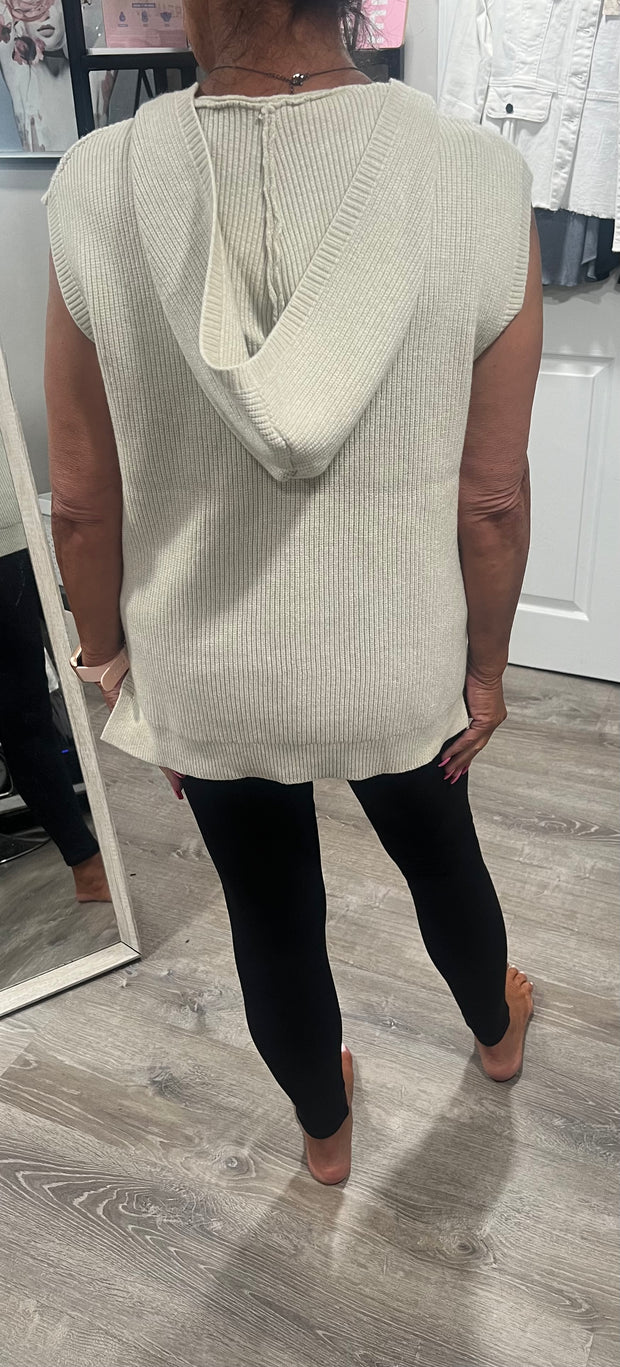 Oatmeal Ribbed Sleeveless Hoodie Sweater