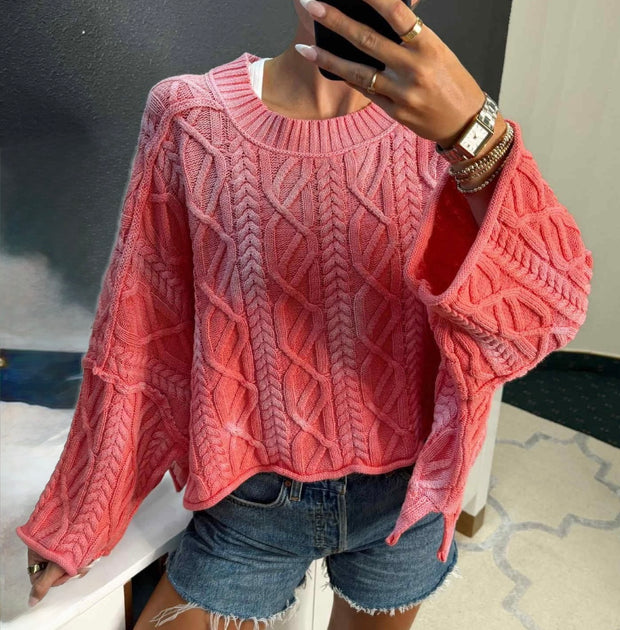 Coral Ombre Washed Knit Cable Sweater