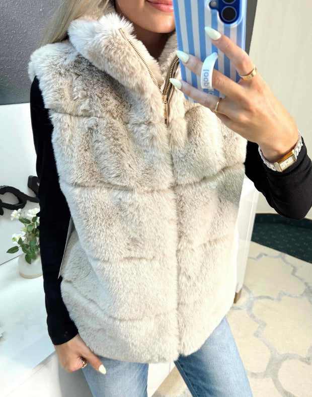 Oatmeal Fur Zip Up Vest