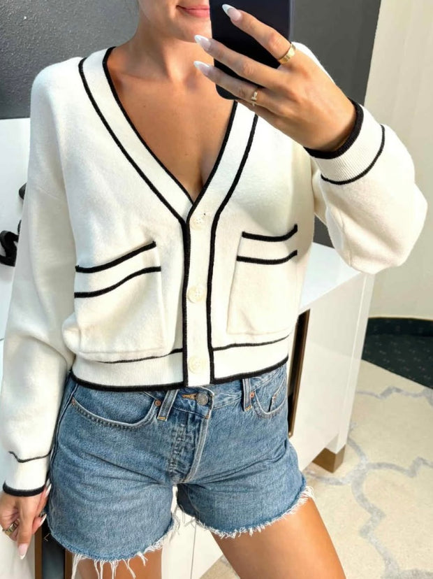 Cream Solid V Neck Button Up Sweater With Black Contrast Detail