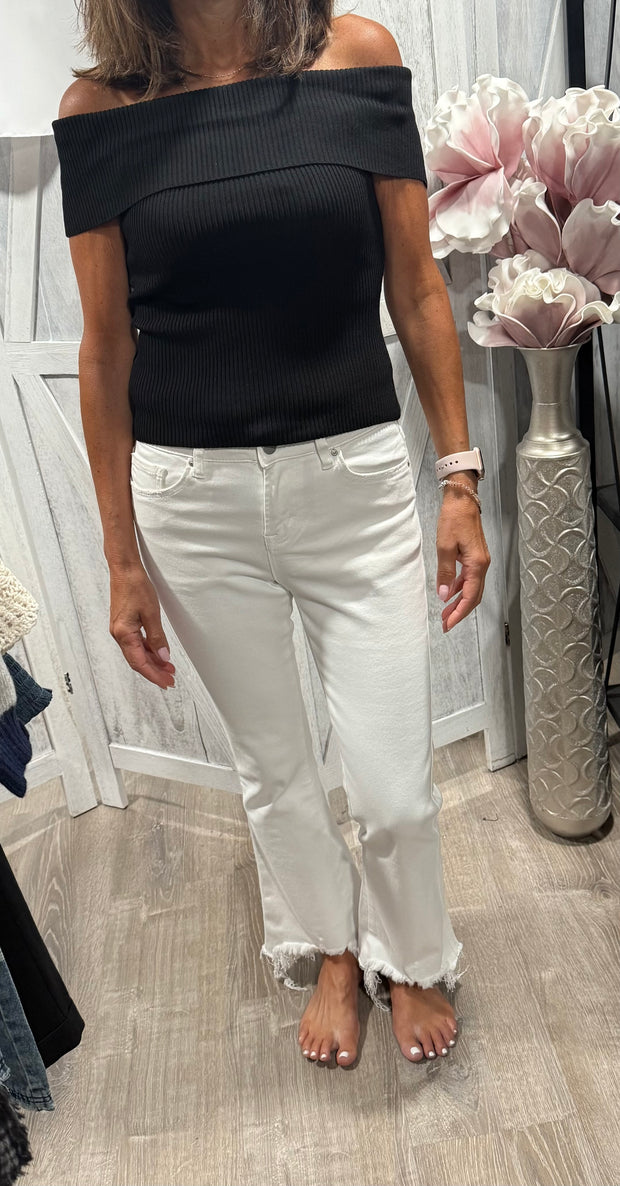 Black Off The Shoulder Ribbed Fold Over Top