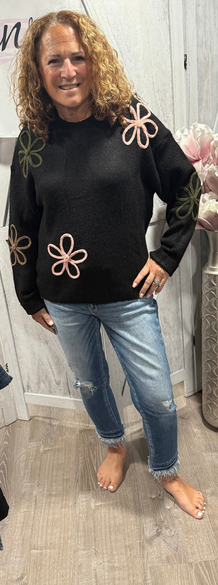 Black Crew Neck Sweater With Muliti Color Floral Embellishment