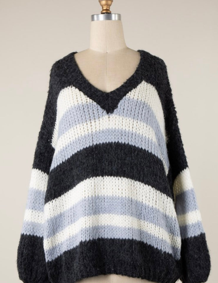 Charcoal Blue Puff Sleeve V Neck Striped Cable Knit Sweater