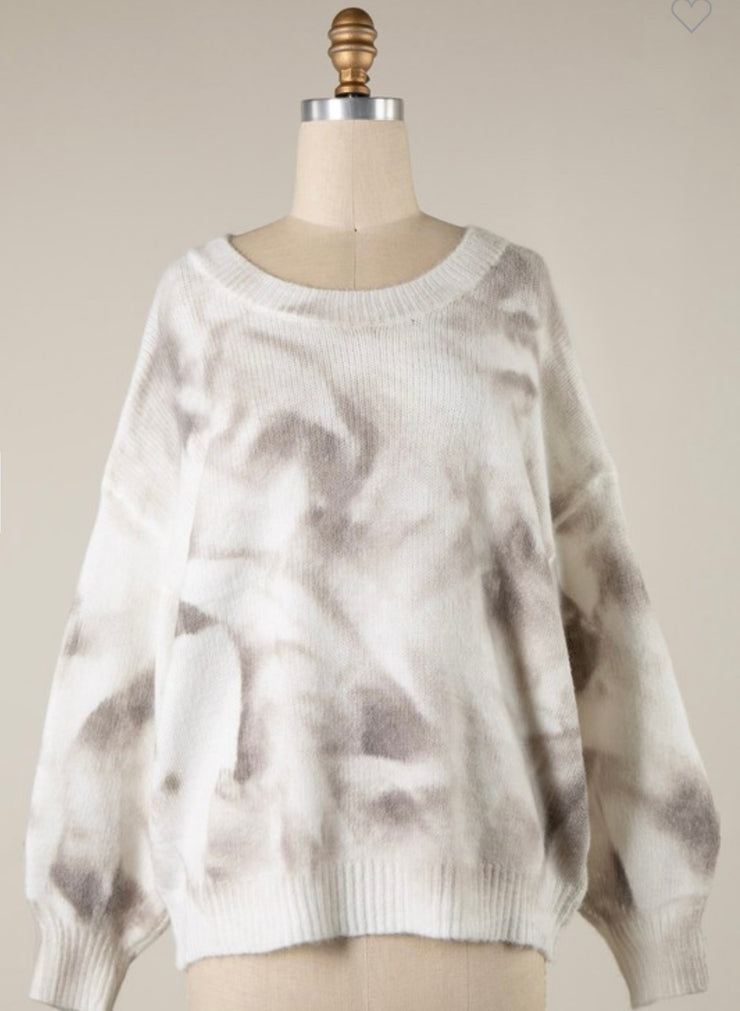 Beige Tie Dye Ribbed Trim Soft Knit Sweater