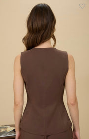Brown Split Front Button Down Long Vest Top- Also Comes In Ivory