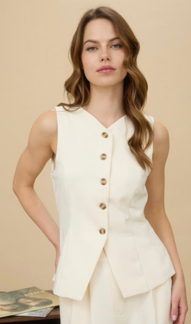 Ivory Split Front Button Down Long Vest Top- Also Comes In Brown