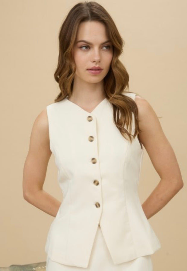 Ivory Split Front Button Down Long Vest Top- Also Comes In Brown
