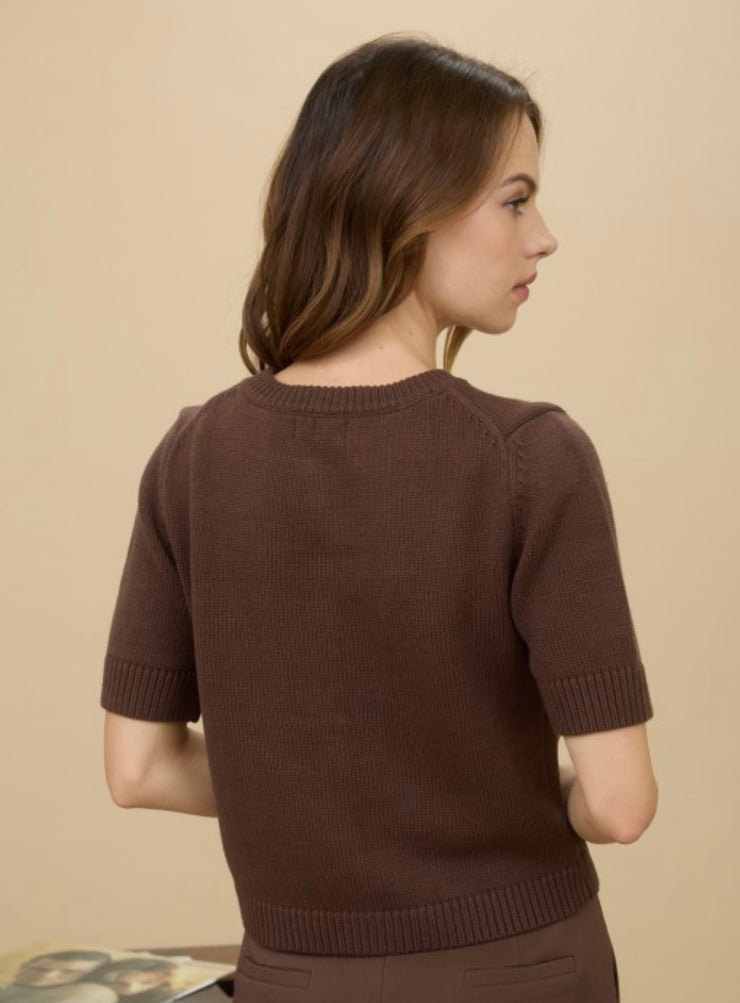 Brown Short Sleeve Button Down Knit Cardigan Sweater- Also Available in Black