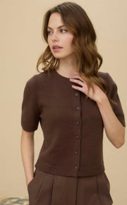 Brown Short Sleeve Button Down Knit Cardigan Sweater- Also Available in Black