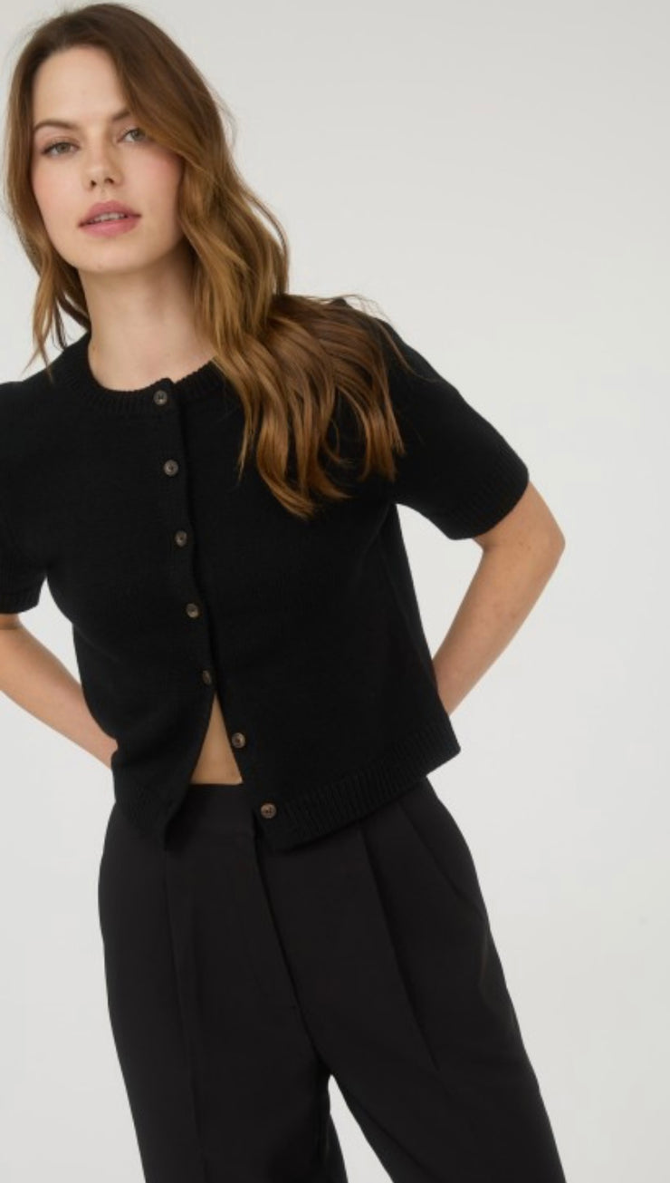 Black Short Sleeve Button Down Knit Cardigan Sweater- Also Available in Brown