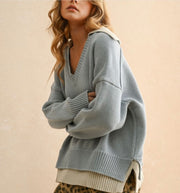 Light Blue V Neck Sweater With Beige Sweater Faux Trim