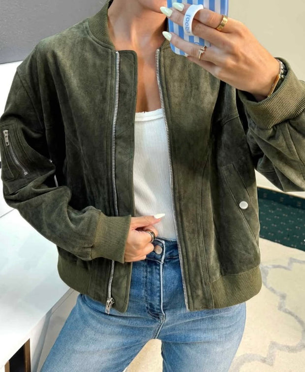Olive Suede Zip Up Bomber Jacket With Pockets & Ribbed Hem