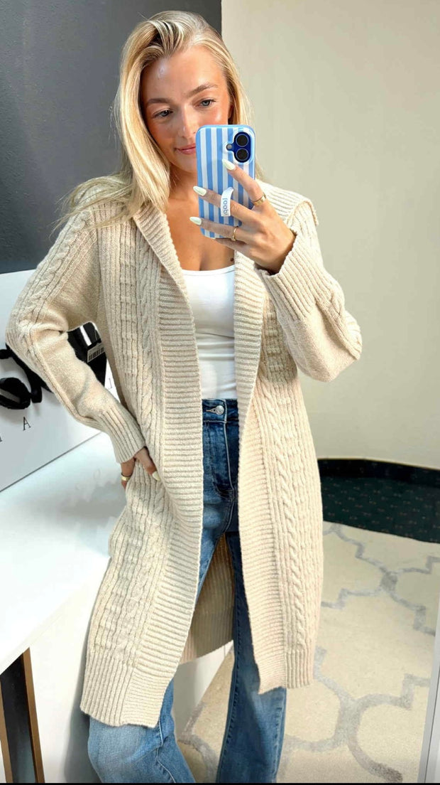 Beige Cable Knit Long Cardigan
