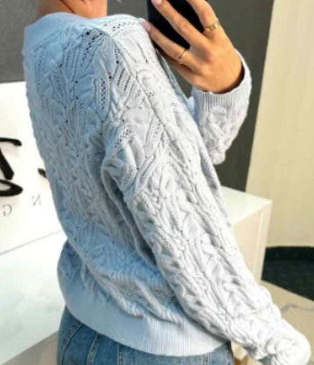 Light Blue V Neck Cable Knit Cardigan Top