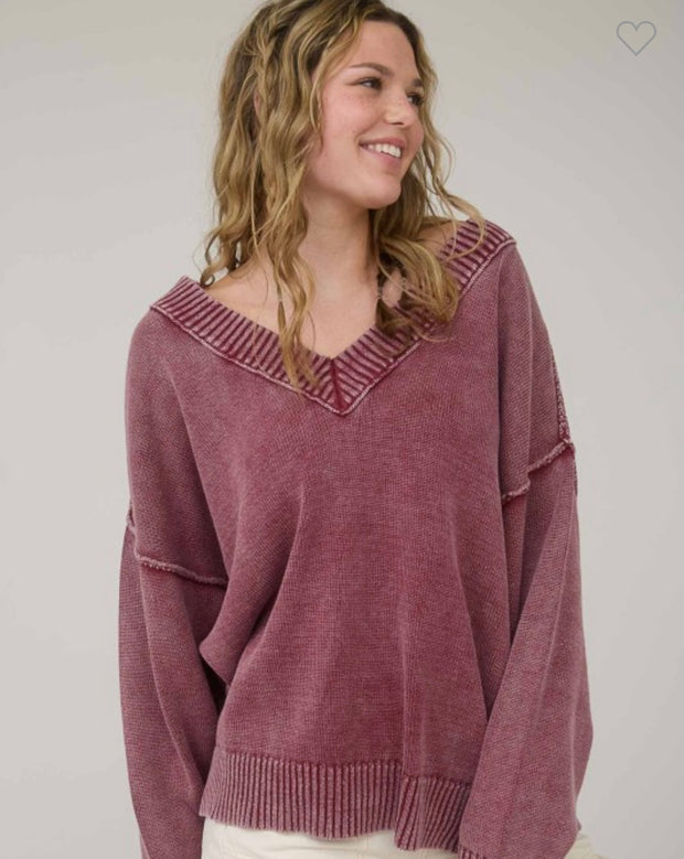 Burgundy Washed V Neck Oversized Knit Sweater