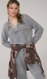 Charcoal Washed Ribbed Long Sleeve  Split Neck Top With Matching Drawstring Pants/ SET