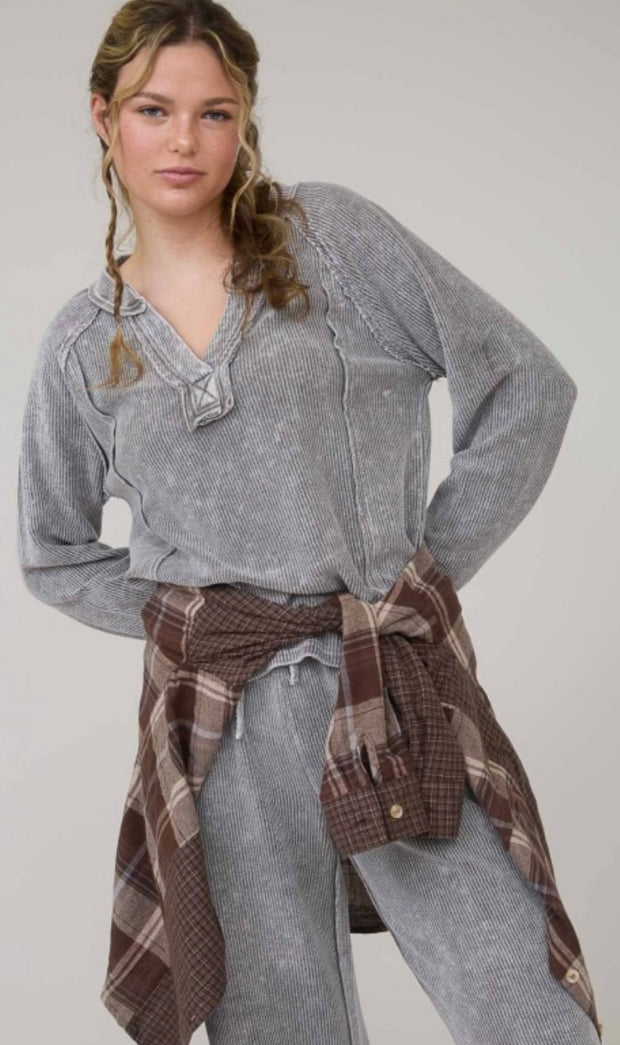 Charcoal Washed Ribbed Long Sleeve  Split Neck Top With Matching Drawstring Pants/ SET